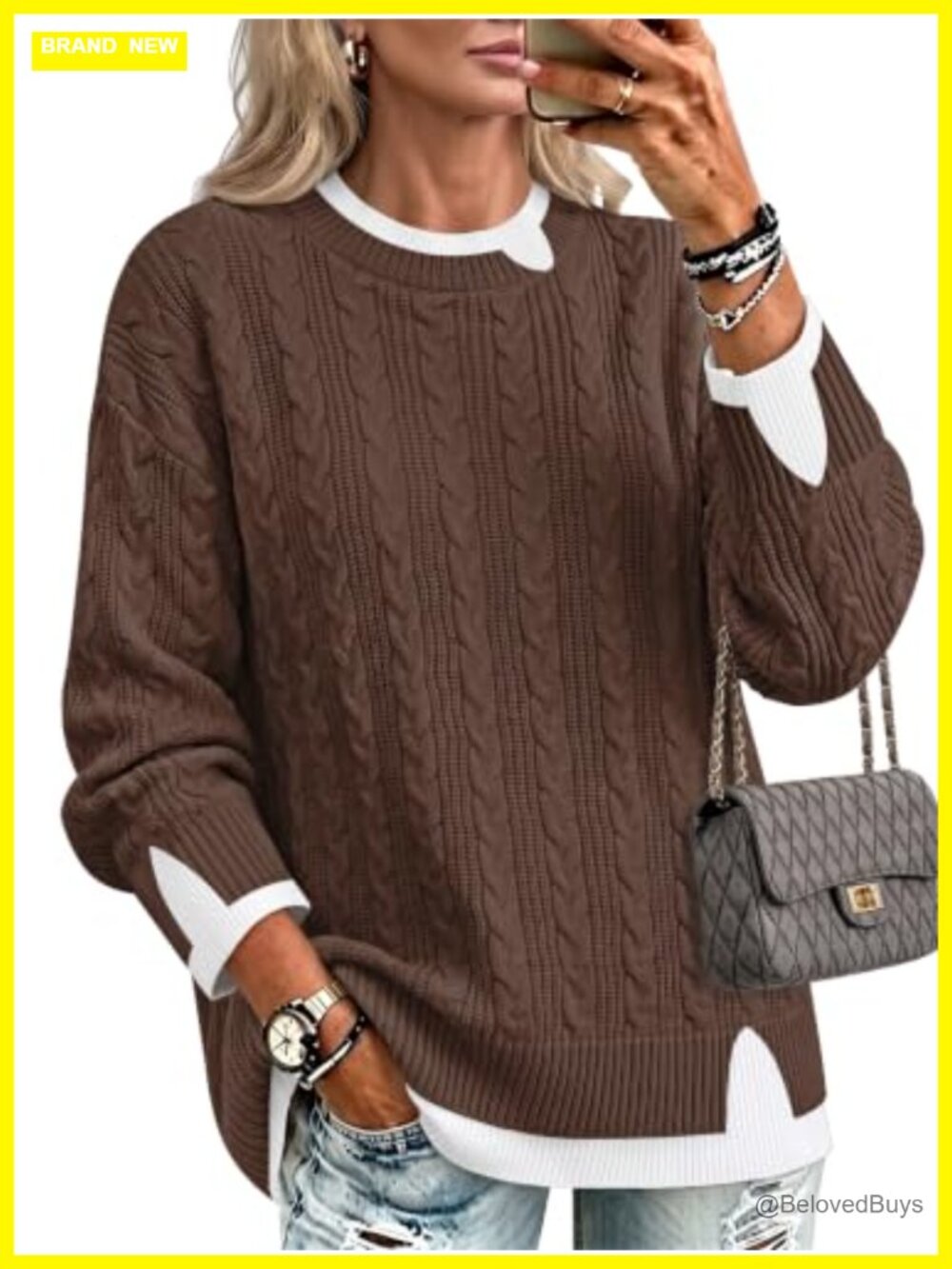 Oversized Cable Knit Pullover Sweater Crew Neck Long Sleeve